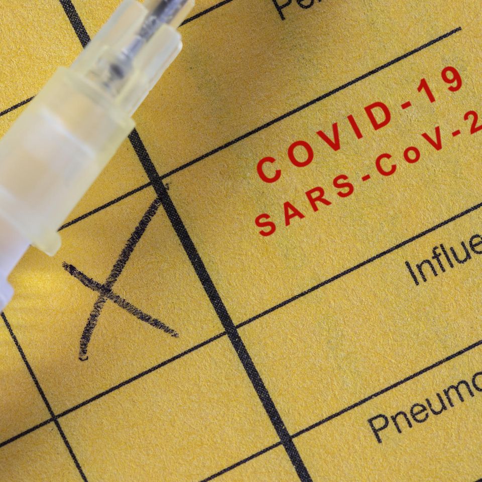 Spritze liegt auf einem Impfausweis mit eingetragener Covid-Impfung