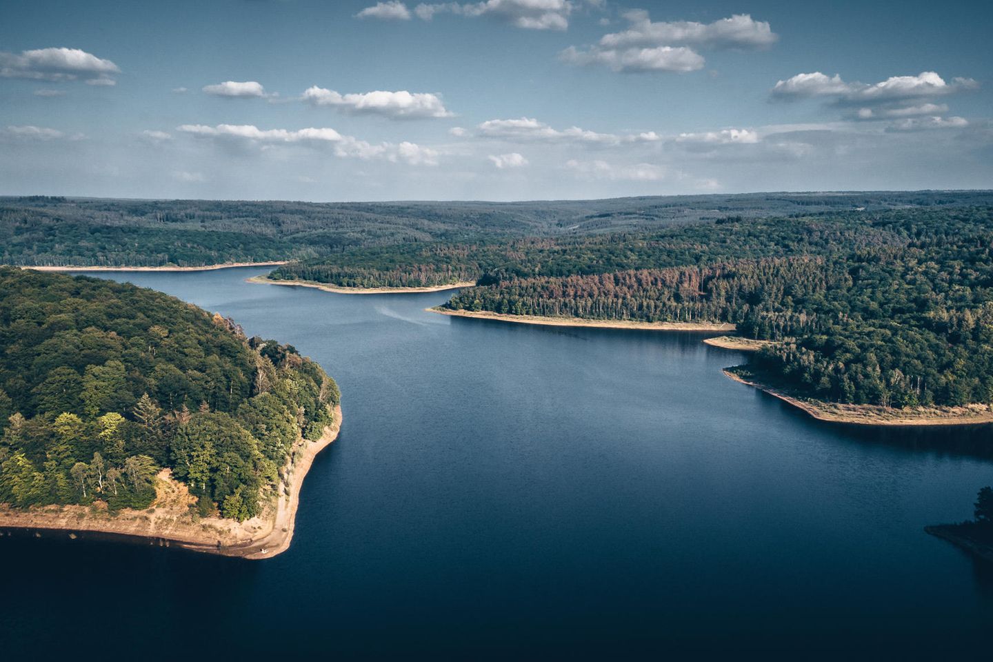 Blick von oben auf den Stausee La Gileppe im Hohen Venn