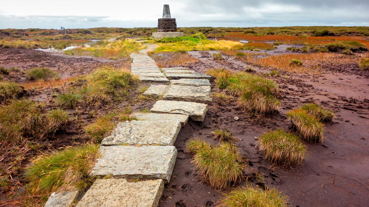 Trig Point auf dem Cheviot Berg im Northumberland Nationalpark