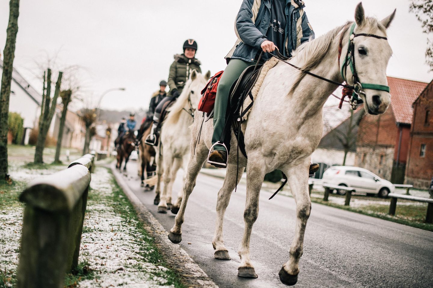 Ungewöhnliche Verkehrsteilnehmer: im Schritttempo die Dorfstraße entlang