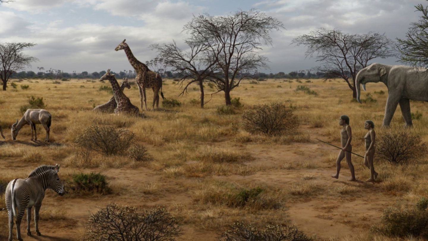 Die Illustration zeigt Homo erectus inmitten der zeitgenössischen Tierwelt in Ostafrika