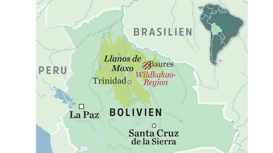 Bolivien: Die Wildkakao-Region rund um das Dorf Baures liegt in der Überschwemmungssavanne "Llanos de Moxo". Die einzige Straßenverbindung führt über 400km Piste nach Trinidad Die Wildkakao-Region rund um das Dorf Baures liegt in der Überschwemmungssavanne "Llanos de Moxo". Die einzige Straßenverbindung führt über 400km Piste nach Trinidad