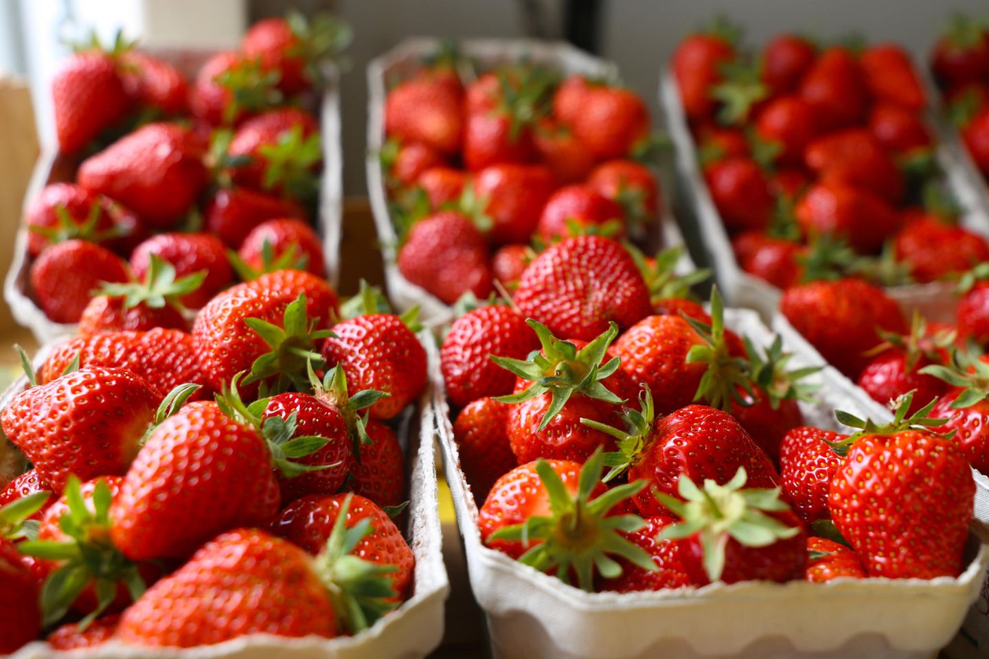 Frische Erdbeeren in Boxen an einem Verkaufsstand