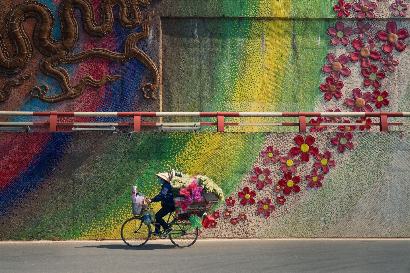 Image Name: Bike with Flowers  Photographer Name: Thanh Nguyen Phuc  Year: 2022  Image Description: <p>A hundred years ago there were just 36 streets and now there are many more, but the street culture remains strong in Hanoi. There are lots of shops in the main streets but people in the old streets prefer to get serviced by mobile street vendors. I spent a weekend following street vendors and found that they were walking or riding their bikes all day. Here is one of my favourite moments.</p>  Copyright: © Thanh Nguyen Phuc, Vietnam, Winner, National Awards, Travel, 2022 Sony World Photography Awards