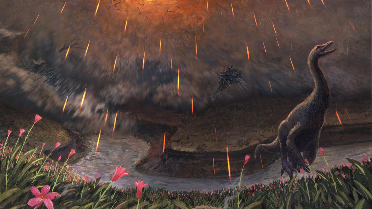 Illustration eines Dinosauriers während des Asteroiden-Einschlags