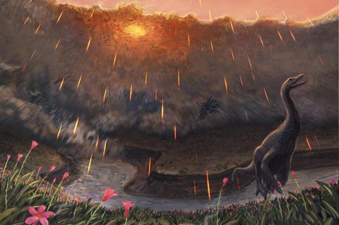 Illustration eines Dinosauriers während des Asteroiden-Einschlags
