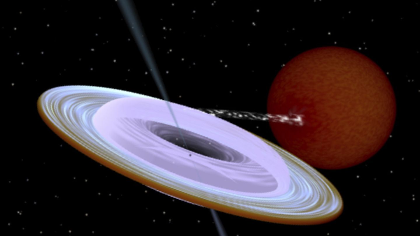 Künstlerische Darstellung des Röntgendoppelsystems MAXI J1820+070  mit einem Schwarzen Loch (kleiner schwarzer Punkt in der Mitte der Akkretionsscheibe) und einem Begleitstern.