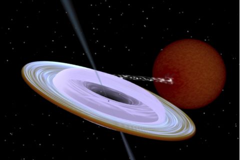 Künstlerische Darstellung des Röntgendoppelsystems MAXI J1820+070  mit einem Schwarzen Loch (kleiner schwarzer Punkt in der Mitte der Akkretionsscheibe) und einem Begleitstern.