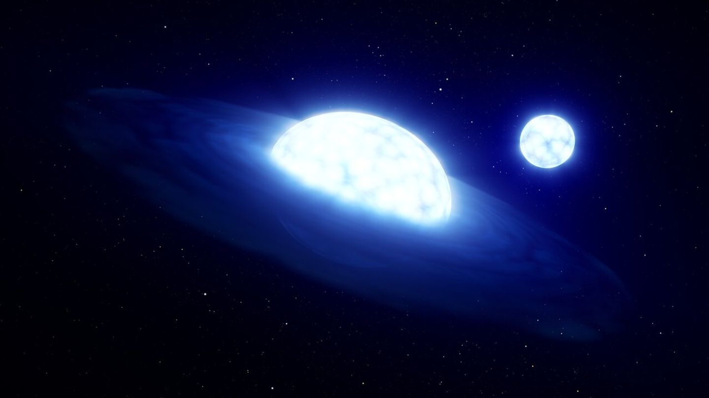 Im Vordergrund ist ein Stern mit einer Scheibe um ihn herum, im Hintergrund ein Stern ohne Atmosphäre