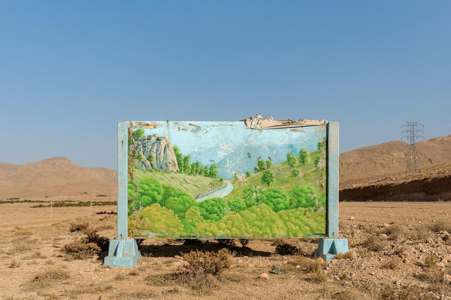 Image Name: Chahar Mahal and Bakhtiari Province – Kurd City – 2021  Photographer Name: Majid Hojjati  Year: 2022  Image Description: A painting of lush nature, with the clean climate of Chahar Mahal and Bakhtiari province’s past,  is located in the dry desert of this province. The sign reads: ‘I must remember not to do anything that is against the law of the Earth’.  Series Name: The Earth Belongings  Series Description: Life has meaning in human beliefs with its symbols. Mountains, forests, plains, free and beautiful creatures, and clear blue skies are all creations that will come to mind when we hear the word ‘life’. Where it is free from the fence of man, and there is no trace of human presence in it, it is ‘nature’. Where humans stepped in without understanding and respecting the spirit of nature, they endangered the existence of other beings. And then from this soil, nothing but a lifeless body will remain. The mountains will forget the flight of the eagles, and the noble howls of the horses will not be heard in the plains; and even the lion, that king of the forest, will be only a name in the books. These elements belong to the planet and are inseparable from it, without them what is left is a cold, lost and distorted image that no longer resembles anything. Maybe it's time to weigh what we have taken from nature and what we have given it and measure what we have done with the universe.