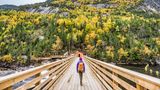 Junge Frau mit Rucksack läuft über eine Holzbrücke im Provinzpark Hautes-Gorges-de-la-Riviere-Malbaie