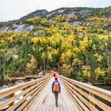 Junge Frau mit Rucksack läuft über eine Holzbrücke im Provinzpark Hautes-Gorges-de-la-Riviere-Malbaie