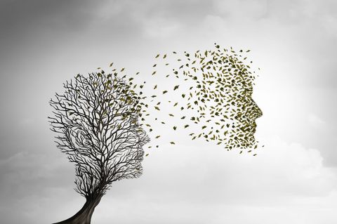 Künstlerische Darstellung eines Baumes mit menschlichen Zügen, dessen Laub davon fliegt Künstlerische Darstellung eines Baumes mit menschlichen Zügen, dessen Laub davon fliegt