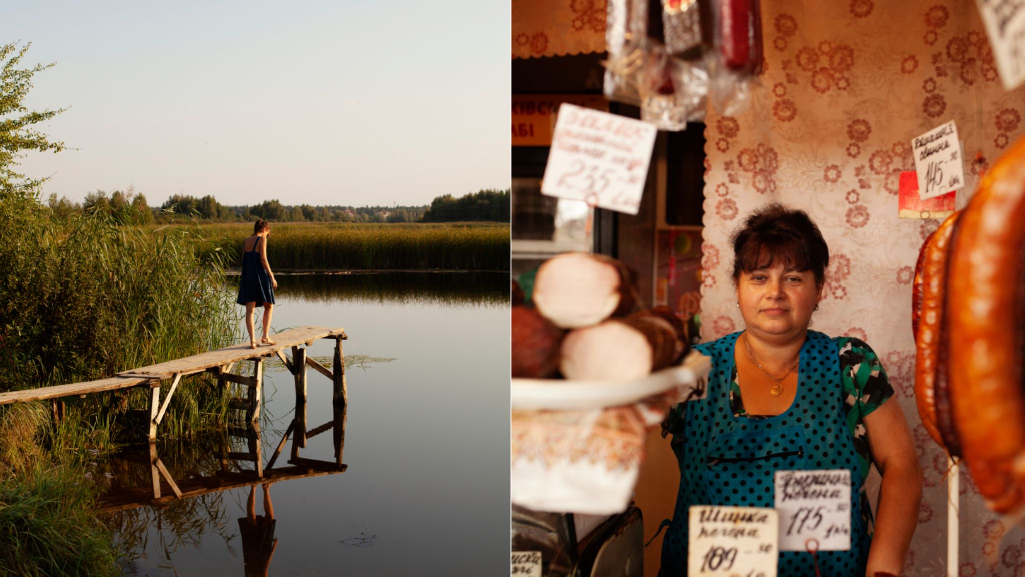 Das verlorene Glück der Normalität: Eine Fleischverkäuferin bietet auf dem Markt der Stadt Iwano-Frankiwsk ihre Ware an (r.). Ein unbeschwerter Vorkriegs-Sommer: Simon Koys Schwägerin Lena besucht eine Badestelle im Naturschutzgebiet Koncha-Zaspa