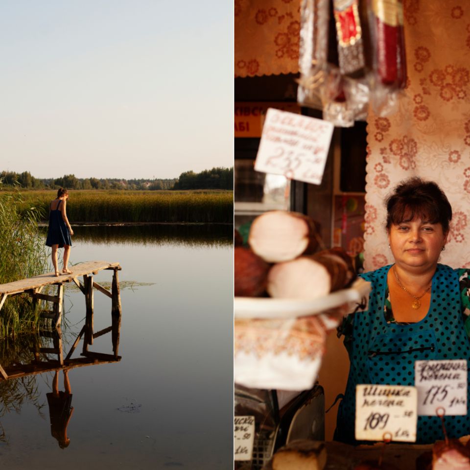 Das verlorene Glück der Normalität: Eine Fleischverkäuferin bietet auf dem Markt der Stadt Iwano-Frankiwsk ihre Ware an (r.). Ein unbeschwerter Vorkriegs-Sommer: Simon Koys Schwägerin Lena besucht eine Badestelle im Naturschutzgebiet Koncha-Zaspa