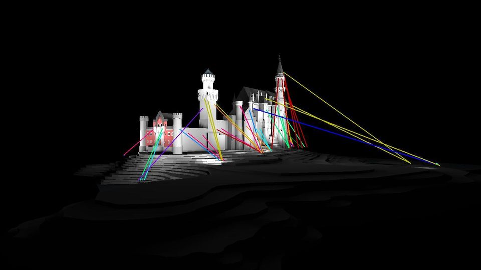 Aufwendige Computersimulation: Die unterschiedlichen Striche markieren Abstrahlwinkel und Wattleistungen der 47 Strahler. Den ersten Entwurf verwarf der Lichtdesigner als zu normal: "Das ist doch nicht der König"