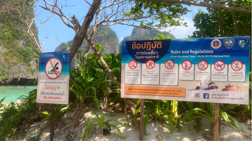 Schild mit Regeln an der Thailändischen Bucht Maya Bay auf Phi Phi Leh