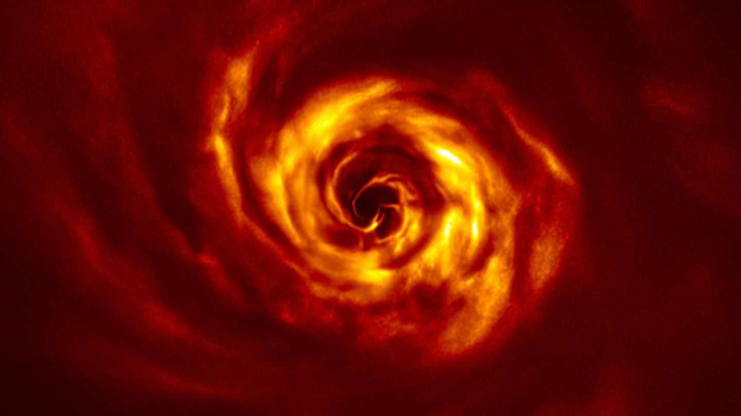 Dieses Bild, am 20. Mai 2020 von der European Southern Observatory (ESO) veröffentlicht, zeigt Anzeichen einer Planetengeburt. Nahe der Mitte des Bildes, im inneren Bereich der Scheibe des jungen Sterns AB Aurigae, sehen wir die "Verdrehung" (in sehr hellem Gelb), von der Wissenschaftler glauben, dass sie die Stelle markiert, an der sich ein Planet bildet. Diese Verdrehung liegt etwa in der gleichen Entfernung vom Stern AB Aurigae wie Neptun von der Sonne.