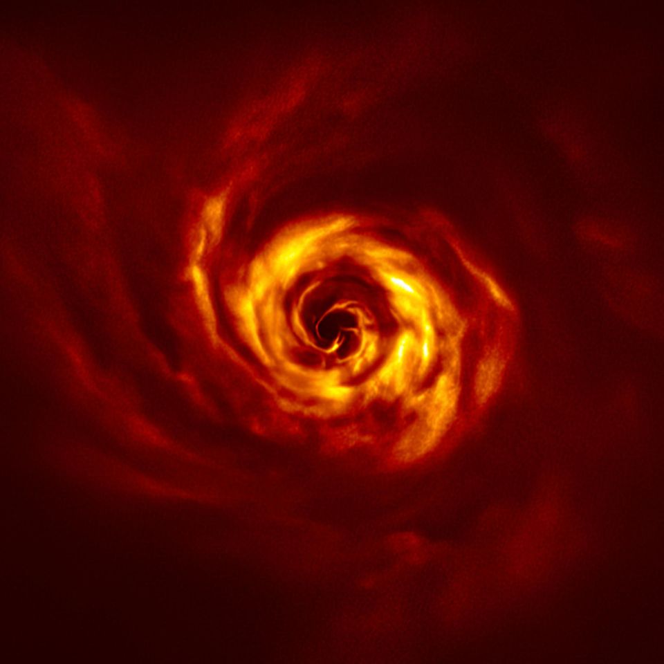 Dieses Bild, am 20. Mai 2020 von der European Southern Observatory (ESO) veröffentlicht, zeigt Anzeichen einer Planetengeburt. Nahe der Mitte des Bildes, im inneren Bereich der Scheibe des jungen Sterns AB Aurigae, sehen wir die "Verdrehung" (in sehr hellem Gelb), von der Wissenschaftler glauben, dass sie die Stelle markiert, an der sich ein Planet bildet. Diese Verdrehung liegt etwa in der gleichen Entfernung vom Stern AB Aurigae wie Neptun von der Sonne.