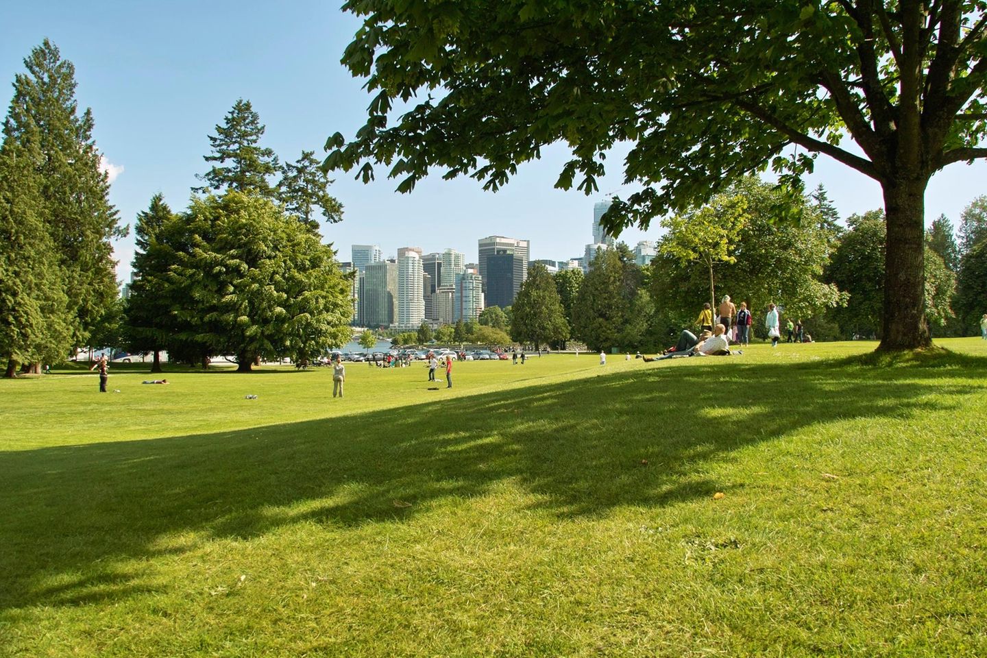 Stanley Park in Vancouver: Größter Stadtpark Kanadas Blick auf die Skyline von Vancouver vom Stanley Park aus
