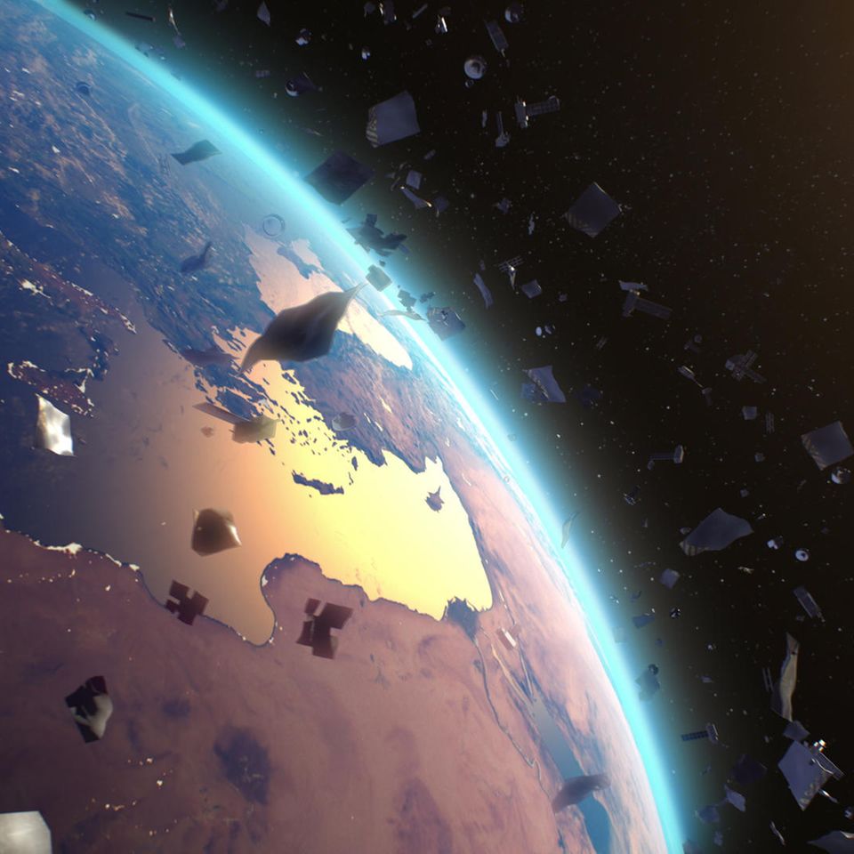 Blick auf die Erde mit Weltraumschrott