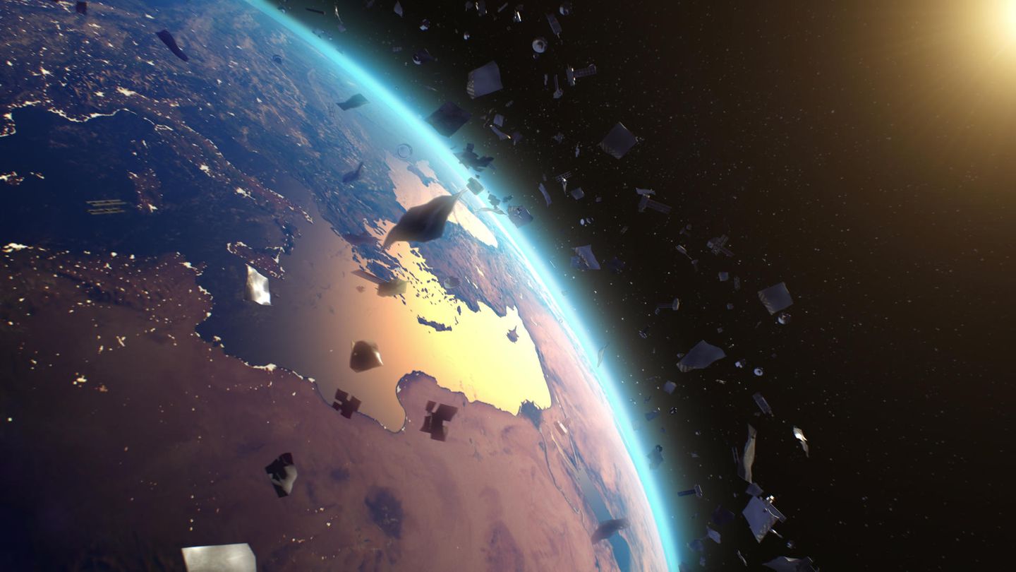 Blick auf die Erde mit Weltraumschrott