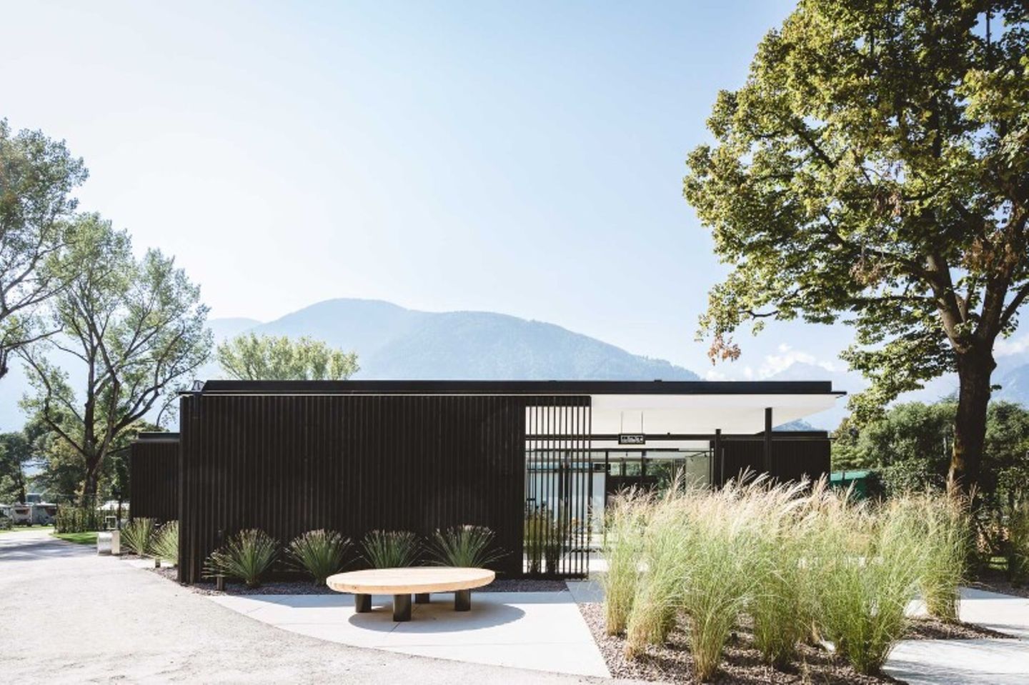 Außenansicht auf den Campingplatz. Im Hintergrund ein Berg, drumherum verschiedene Pflanzen