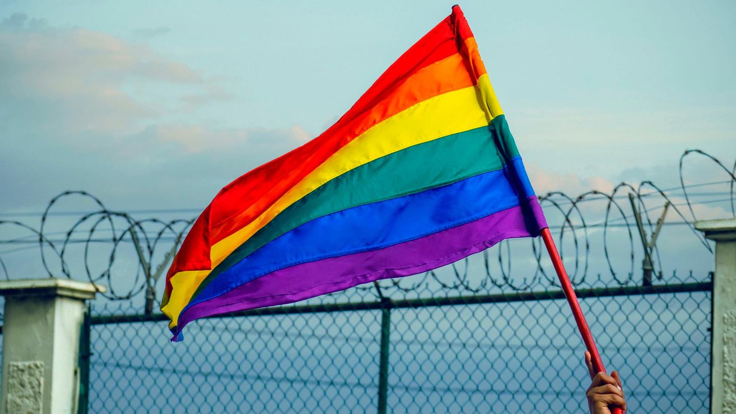 Regenbogen-Fahne weht vor Zaun