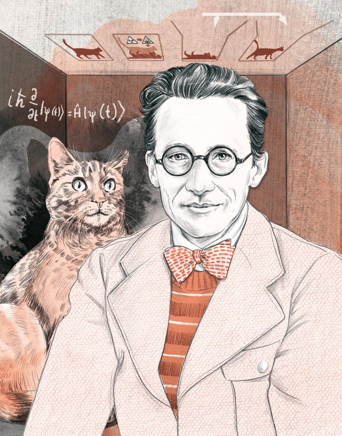 Physiker Erwin Schrödinger als Illustration mit Katze