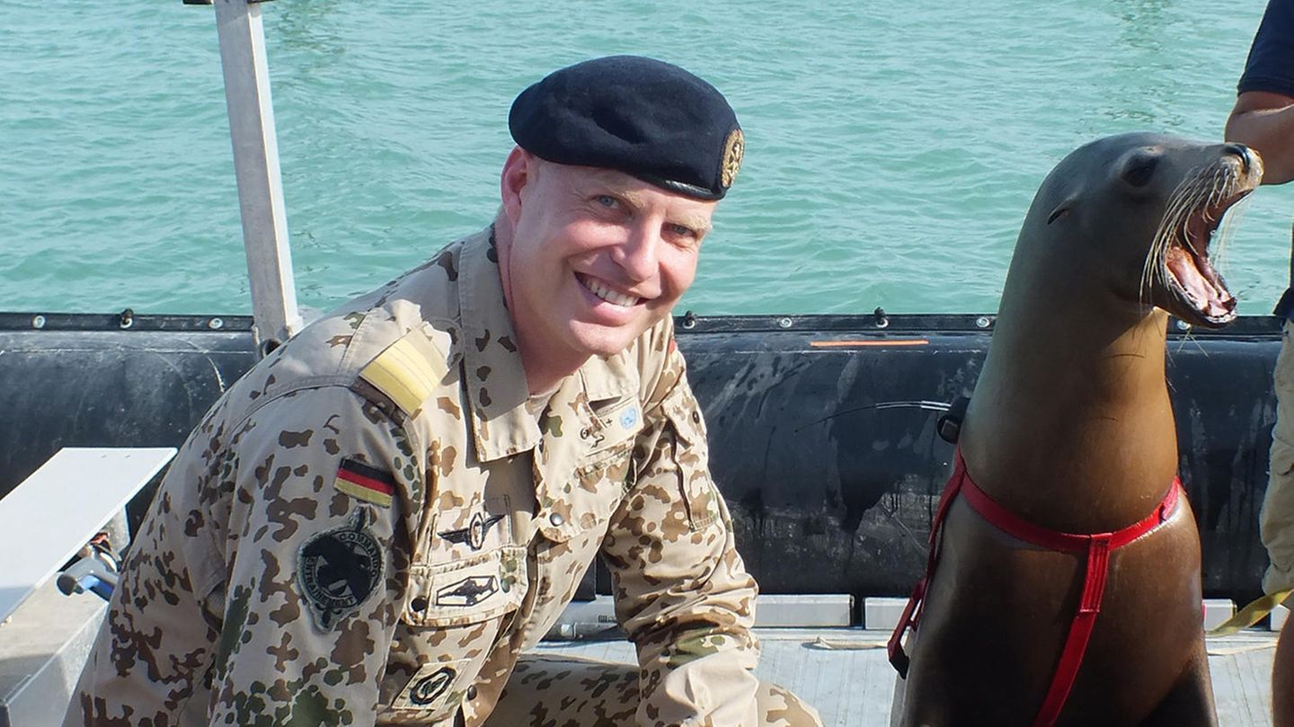 Seelöwen: Alarm unter Wasser Fregattenkapitän Arne Krüger vom Seebataillon der Marine posiert mit Seelöwe "Jack" während einer internationalen Seeübung