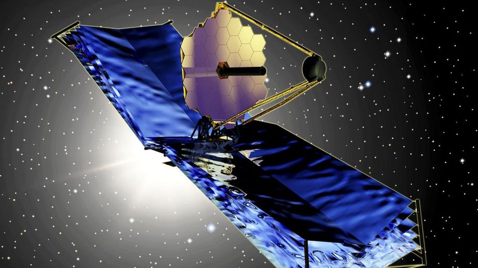 Wie entstehen Galaxien? Dieser Frage und noch vielen mehr gehen Forscherinnen und Forscher mit Hilfe des James Web Teleskops auf den Grund. Die Nachbildung zeigt, wie das Teleskop im All aussieht. 