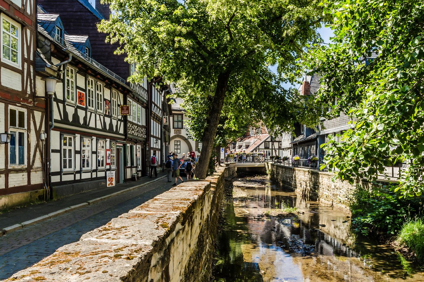 Blick auf eine Altstadt-Gasse mit Kanal und Bäumen