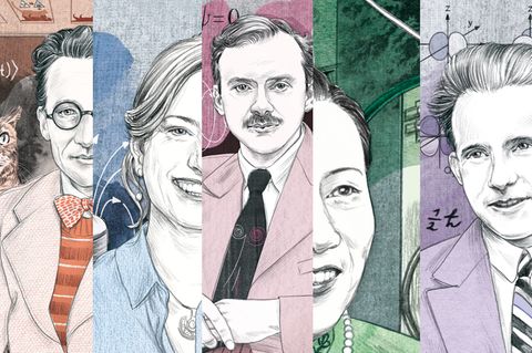 Die Porträts fünf einflussreicher Köpfe aus der Quantenphysik als Collage
