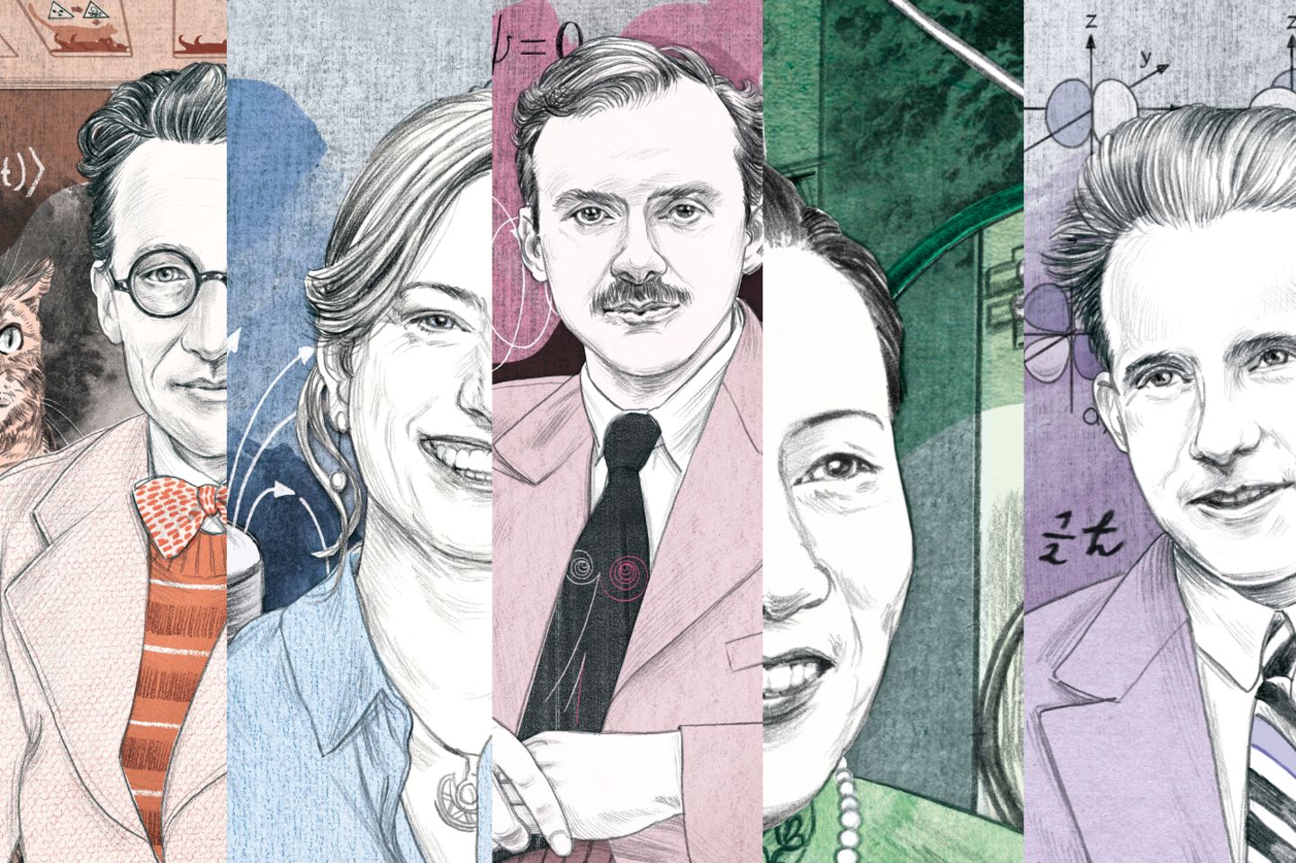 Die Porträts fünf einflussreicher Köpfe aus der Quantenphysik als Collage