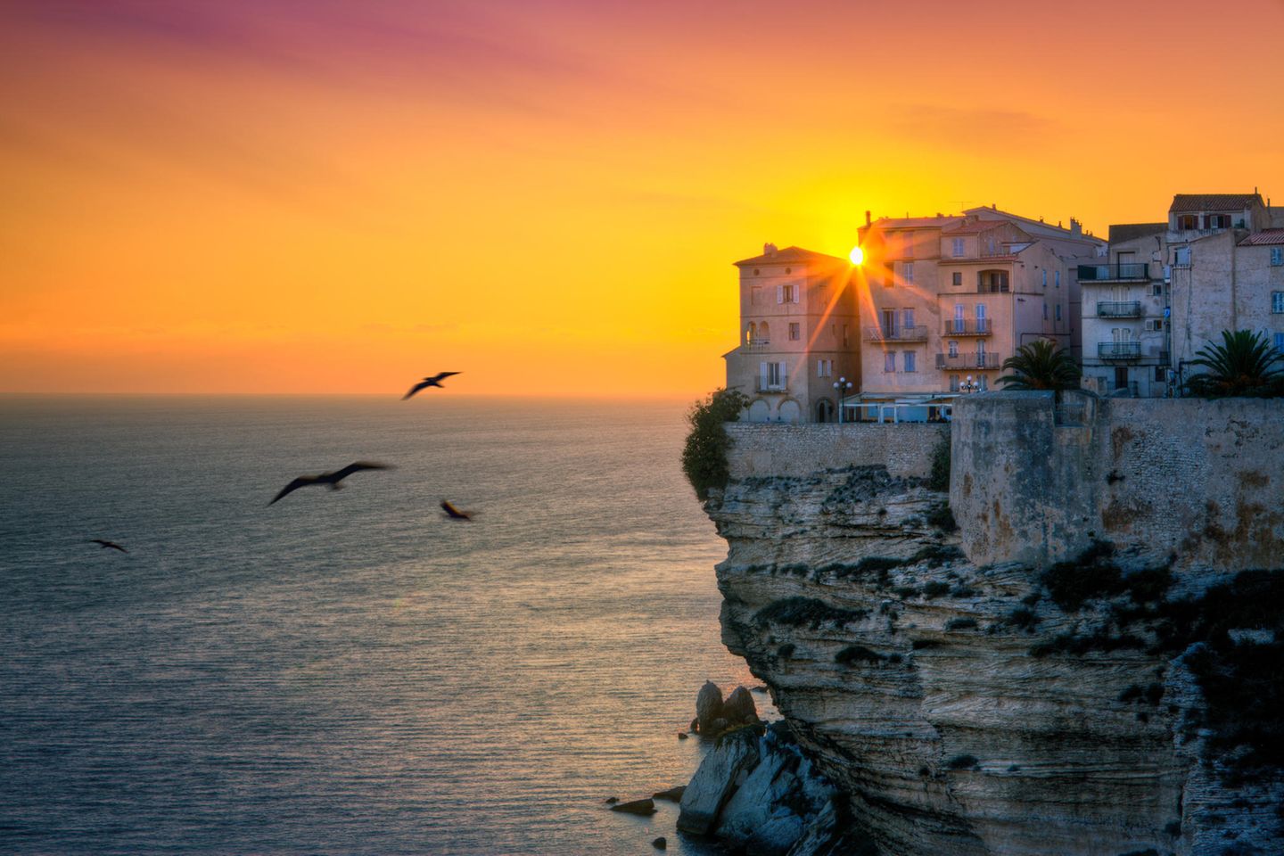 Bonifacio - Zeitreise zu Homer Blick auf Häuser, die über dem Meer auf einer Klippe stehen im Sonnenuntergang