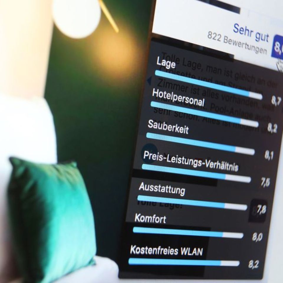 Hotelbett und Hotelbewertung im Hintergrund