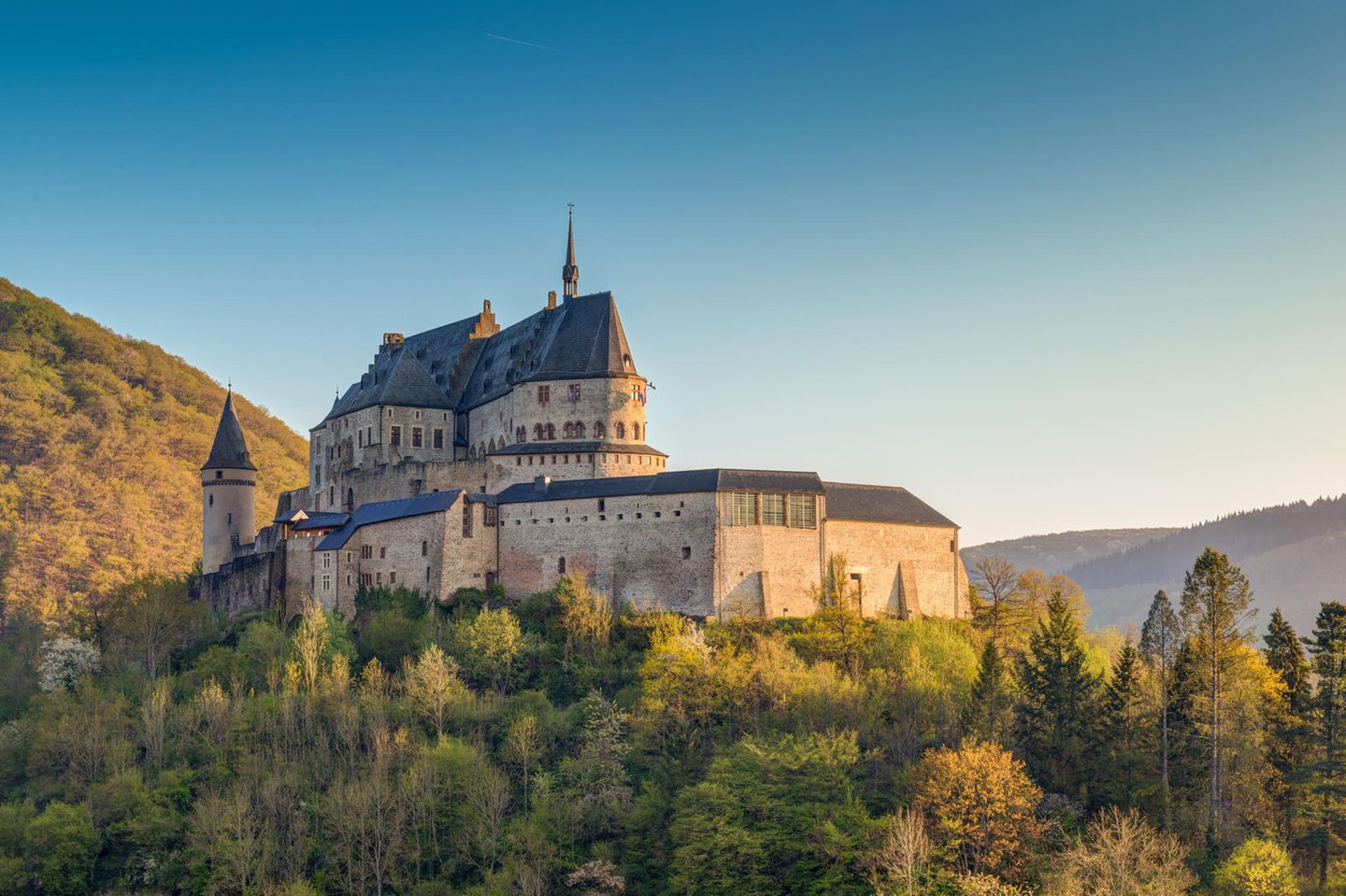 Schloss Vianden umgeben von Bäumen bei blauem Himmel