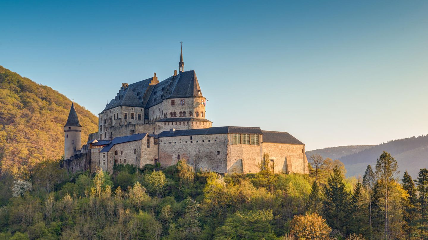 Schloss Vianden umgeben von Bäumen bei blauem Himmel