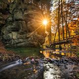 Ein großer Felsen umgeben von Bäumen und einer kleinen Brücke