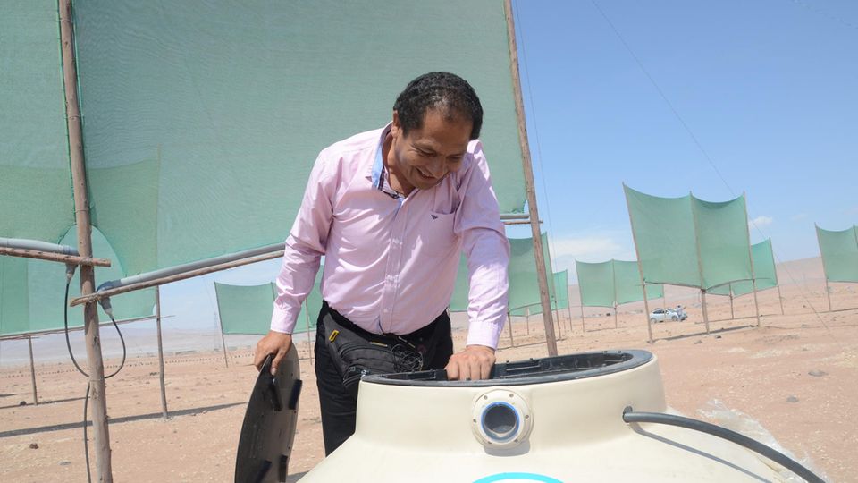 Abel Cruz Gutíerrez in Peru bei einem Nebelfänger