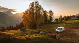 Ein Camper, einsam in der schweizer Natur