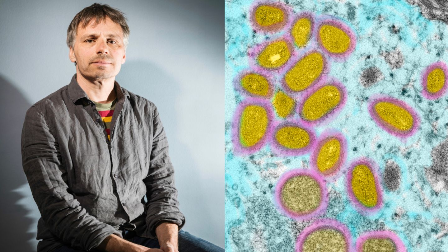 Links der Tierarzt und Zoonosen-Forscher Fabian Leendertz, rechts Affenpocken-Viren unter dem Elektronenmikroskop. Das Bild zeigt eine Probe von 2003