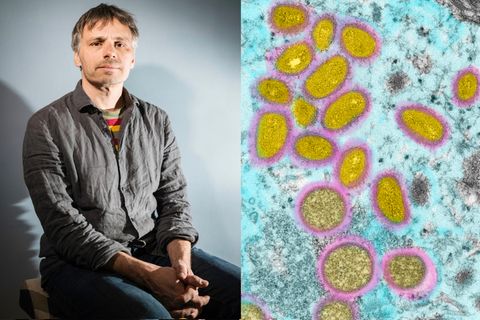 Links der Tierarzt und Zoonosen-Forscher Fabian Leendertz, rechts Affenpocken-Viren unter dem Elektronenmikroskop. Das Bild zeigt eine Probe von 2003