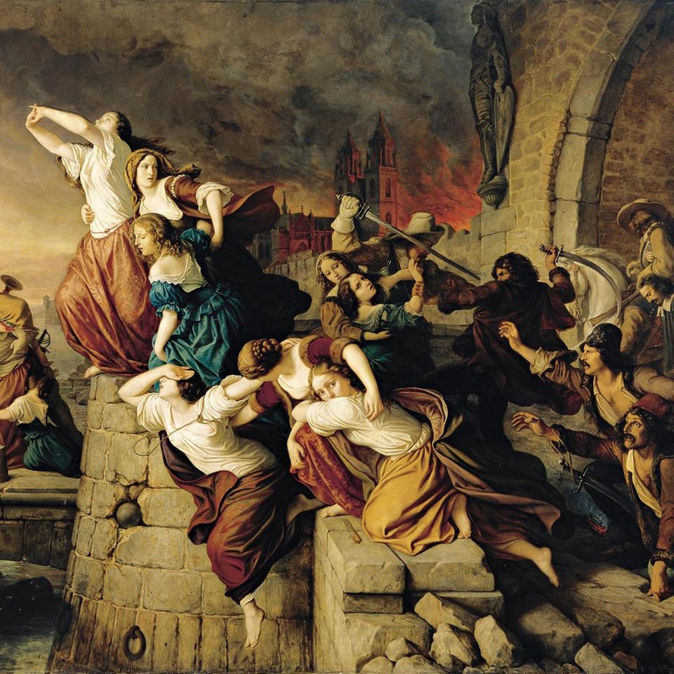 Dreißigjähriger Krieg: Verzweifelt stürzen sich Jungfrauen von Magdeburgs Mauern, um den feindlichen Söldnern zu entkommen: Rund 220 Jahre nach dem Blutbad malt Eduard Steinbrück, ein Sohn der Stadt, diese Szene Verzweifelt stürzen sich Jungfrauen von Magdeburgs Mauern, um den feindlichen Söldnern zu entkommen: Rund 220 Jahre nach dem Blutbad malt Eduard Steinbrück, ein Sohn der Stadt, diese Szene