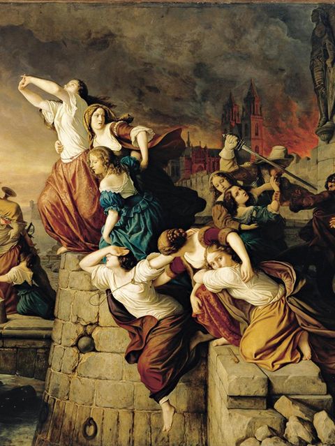 Verzweifelt stürzen sich Jungfrauen von Magdeburgs Mauern, um den feindlichen Söldnern zu entkommen: Rund 220 Jahre nach dem Blutbad malt Eduard Steinbrück, ein Sohn der Stadt, diese Szene