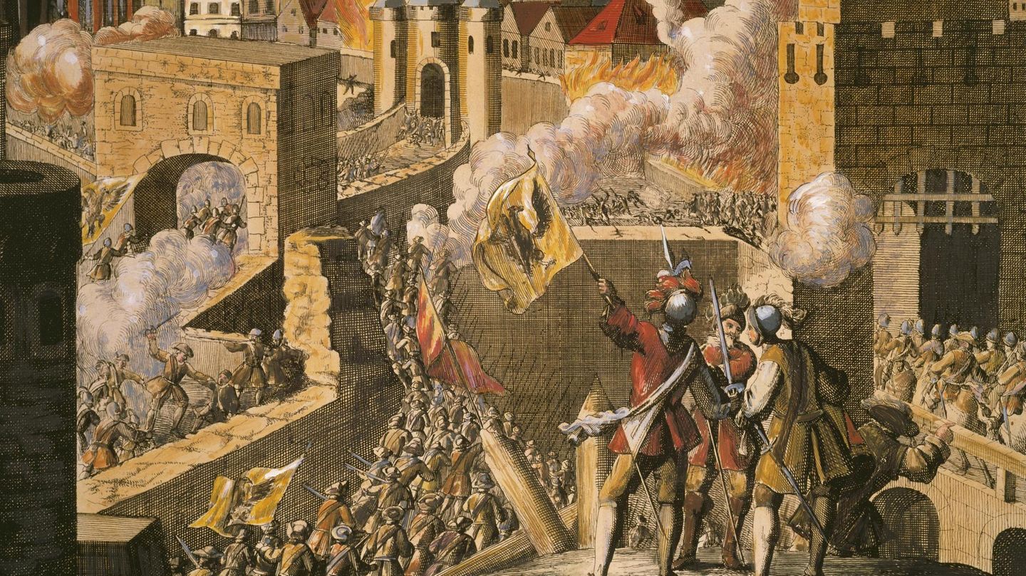 Lange gilt Magdeburg als uneinnehmbar. Doch am 10. Mai 1631 können kaiserlich-katholische Angreifer die Mauern überwinden: Sogleich strömt die soldatische Meute in die Stadt, wie dieser kolorierte Kupferstich zeigt