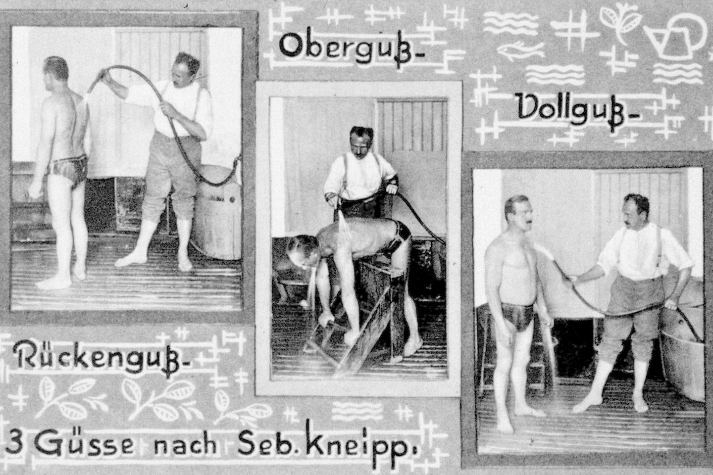 Kneipps Heilverfahren kennt unterschiedliche Wassergüsse. Praktisch: Solche Postkarten, die Kurgäste an Freunde und Familie schicken können, machen Kneipps Anwendungen noch bekannter. In den 1890er-Jahren pilgern jährlich bereits gut 6000 Menschen nach Bad Wörishofen.