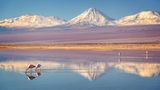 Flamingos an der Laguna Chaxa, im Hintergrund sind hohe Berge