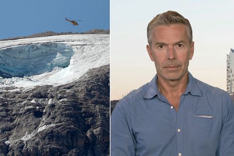 Links: Gletscher in den Dolomiten, rechts: Dirk Steffens