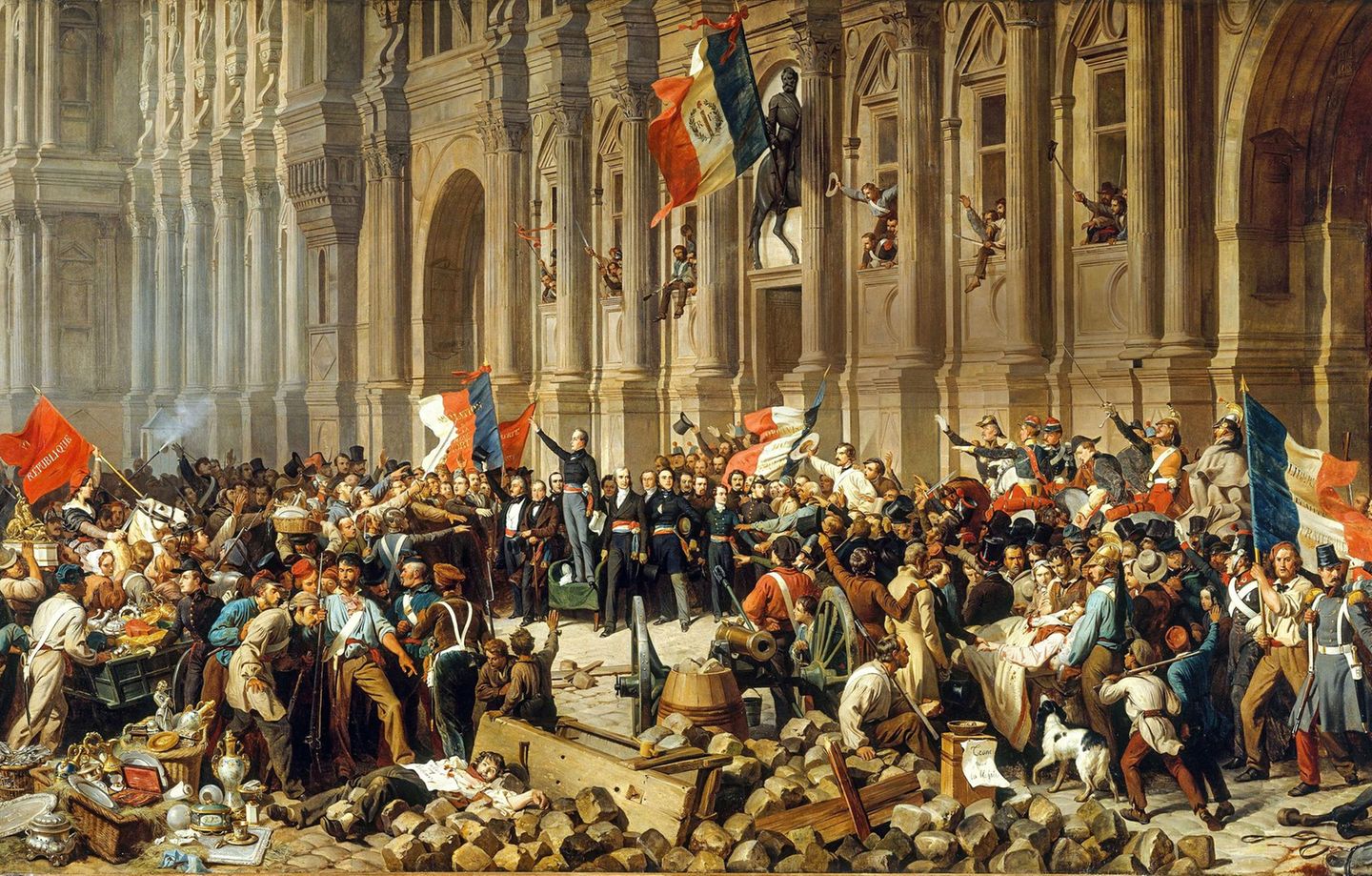 Siegreiche Aufständische versammeln sich Ende Februar 1848 vor dem Pariser Rathaus